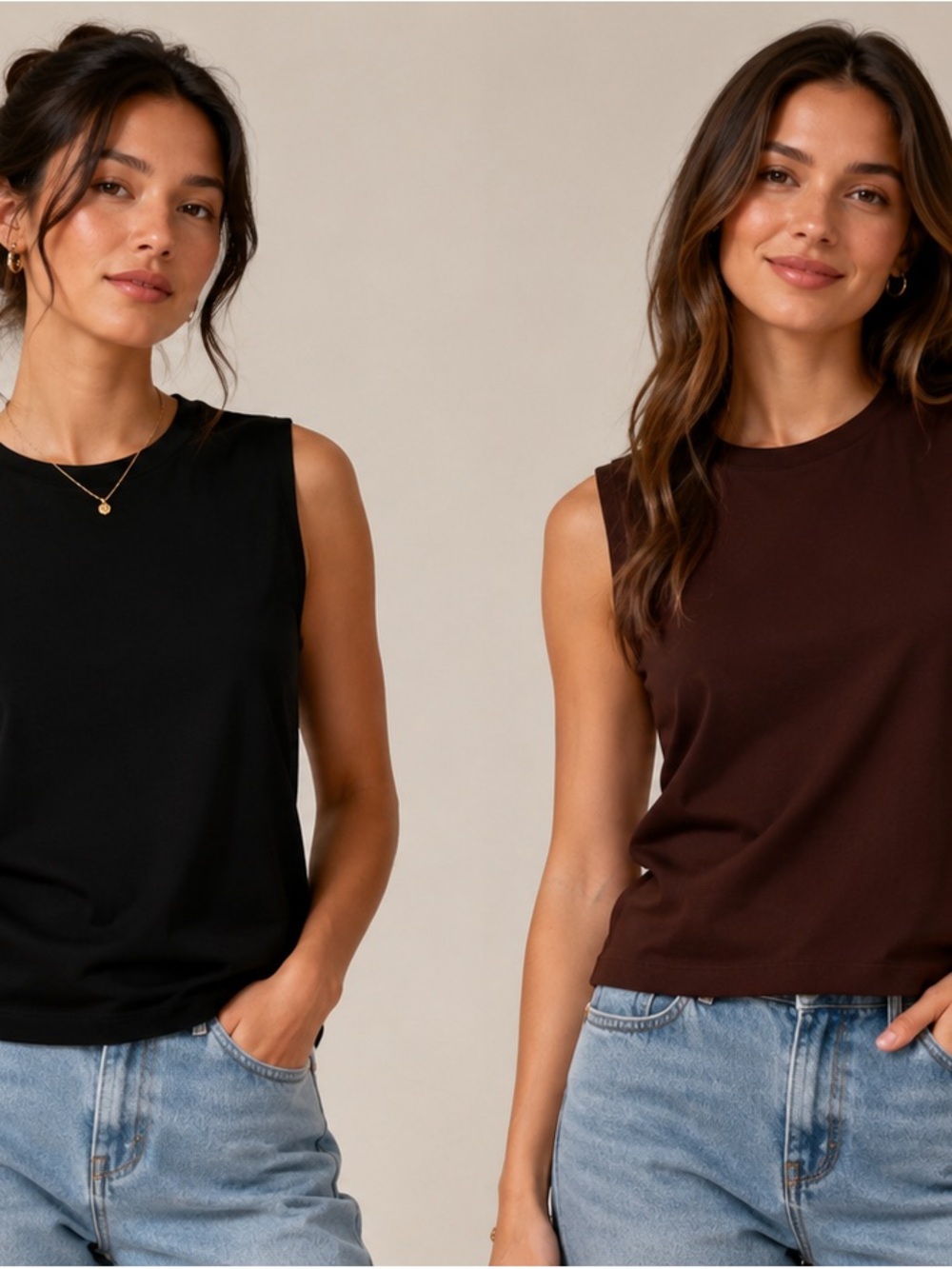 Two Susan Lawrence sleeveless tank tops. Black, Dark Brown. Size L.
